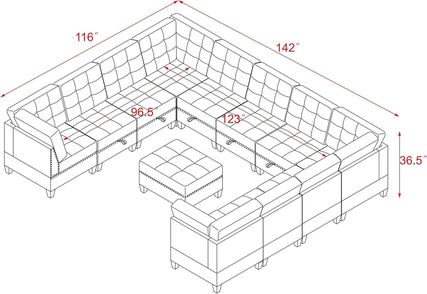 142'' U-Shape Velvet Sectional Sofa Couch，Diy Combination Includes 7 Single Chair 4 Corner and 1 Ottoman, Living Room Furniture Set for Villa & House,Black