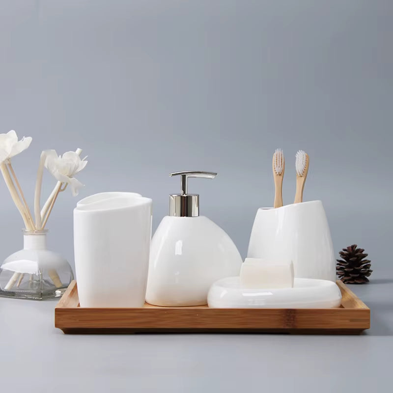 China Ceramics Bathroom Accessories Set Soap Dispenser/Toothbrush Holder/Tumbler/Soap Dish Tray Washing Set Bathroom Products