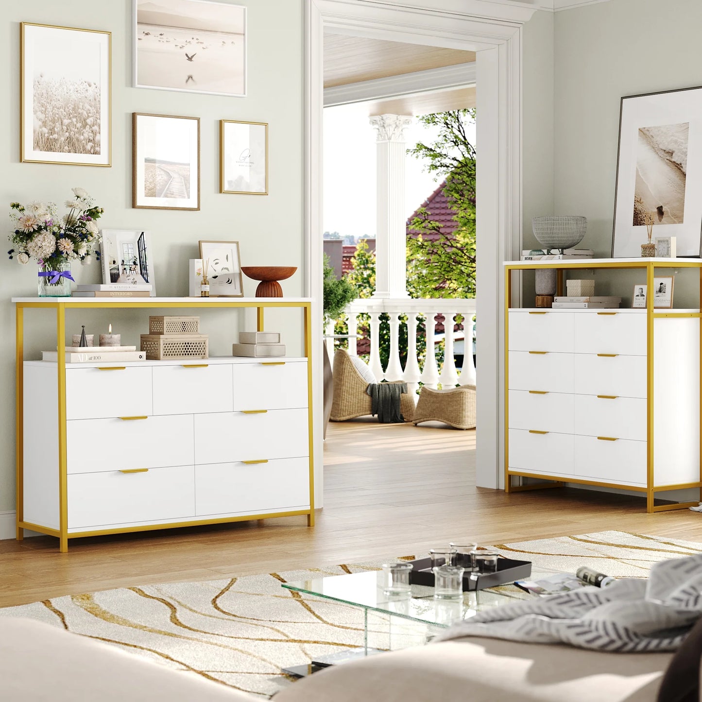 7 Drawer Dresser for Bedroom, Modern Sturdy Metal Frame Wood Storage Cabinet with Display Shelf for Living Room, White Gold