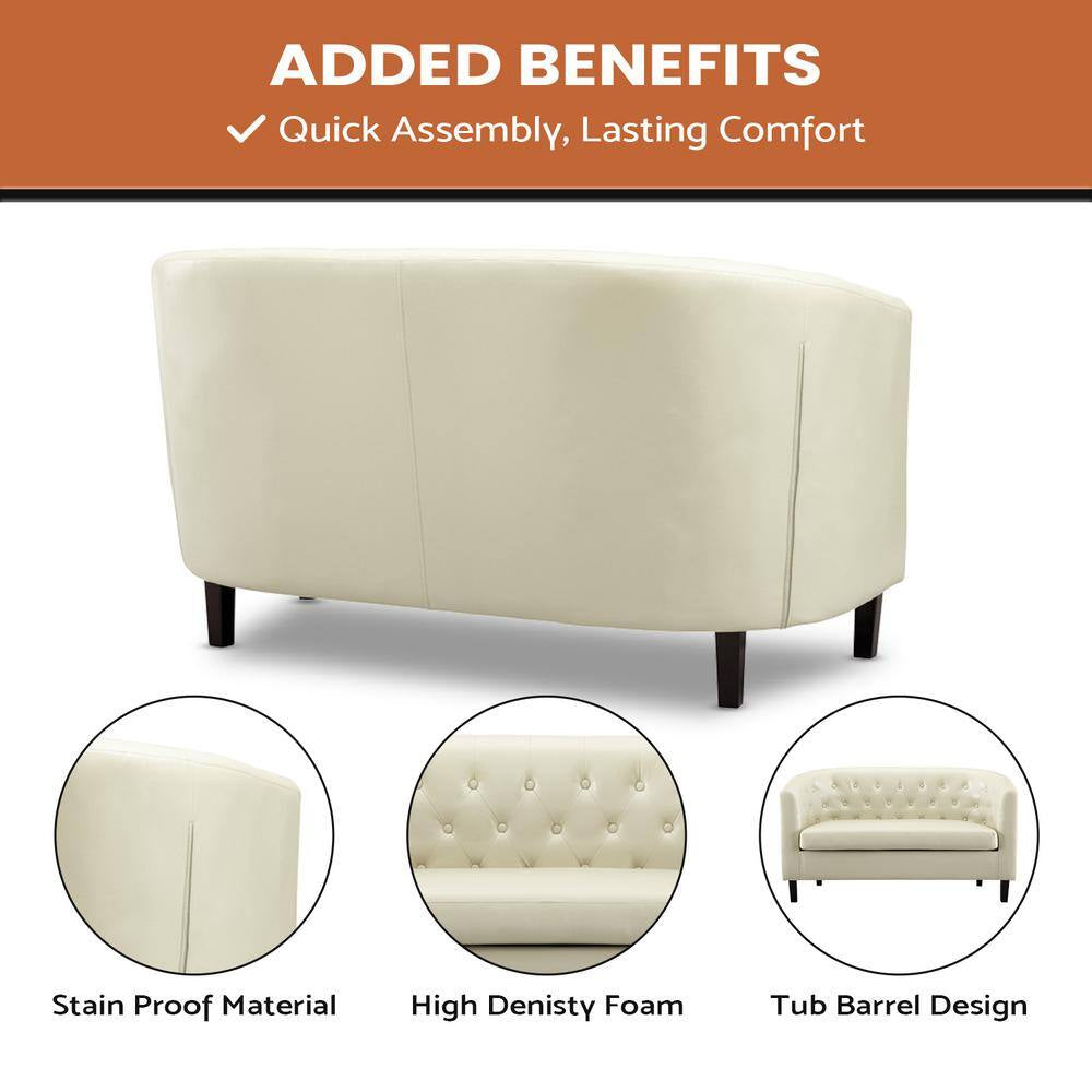 48 In. Cream Love Seat, Button Tufted Faux Leather Barrel Loveseat, Midcentury Modern 2 Seater Couch, Small Loveseat