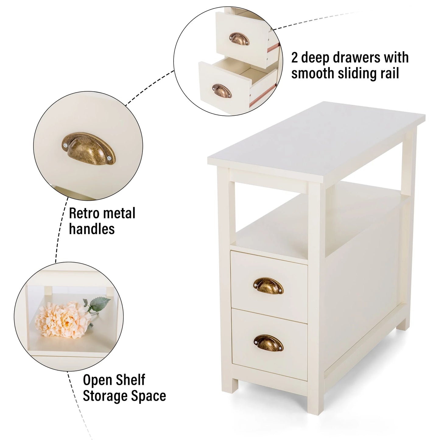 Narrow End Table 4-Tier Small Side Table with 2 Drawers Nightstand Side Table Bedside Table Sofa Table, White, 1PC