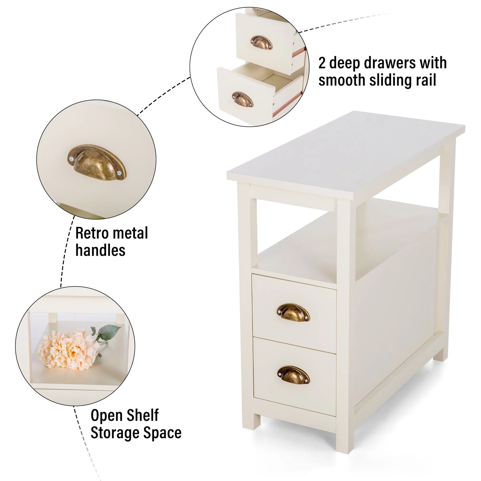 Narrow End Table 4-Tier Small Side Table with 2 Drawers Nightstand Side Table Bedside Table Sofa Table, White, 1PC