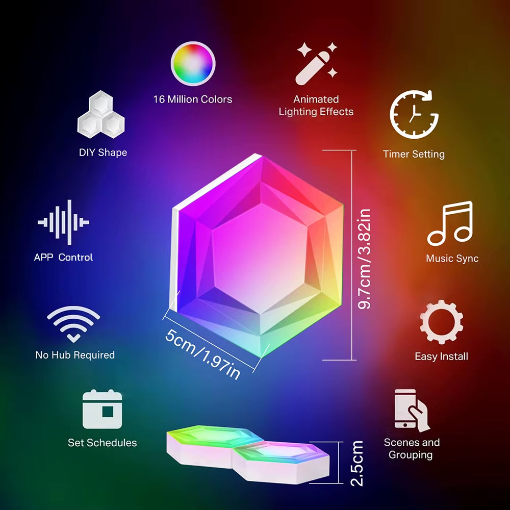 Smart LED Hexagon Wall Lights,Light Panels, RGB-IC Home Decor Creative Lights with Music Sync,For Gaming Rooms,,Living Room