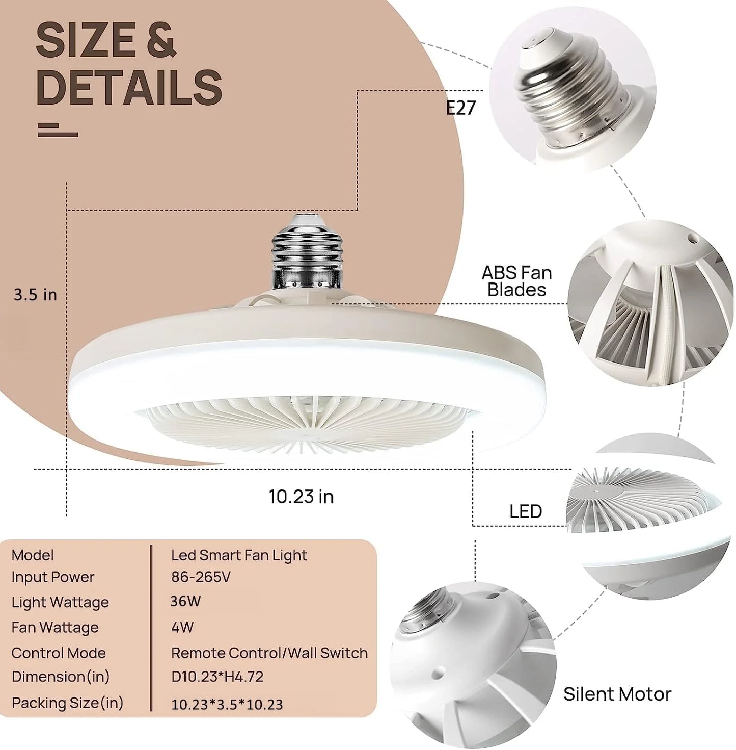 30W E26 Screw-In Small Spaces Bulb Socket Ceiling Fan with Plug-In Light