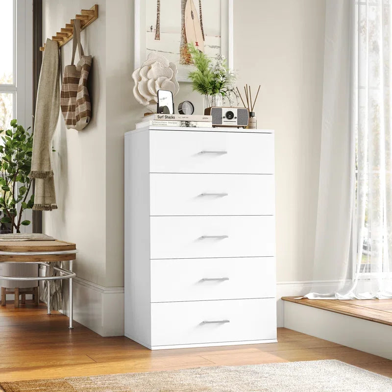 5 Drawers White Dresser, Vertical Dresser with Metal Handles for Bedroom Living Room