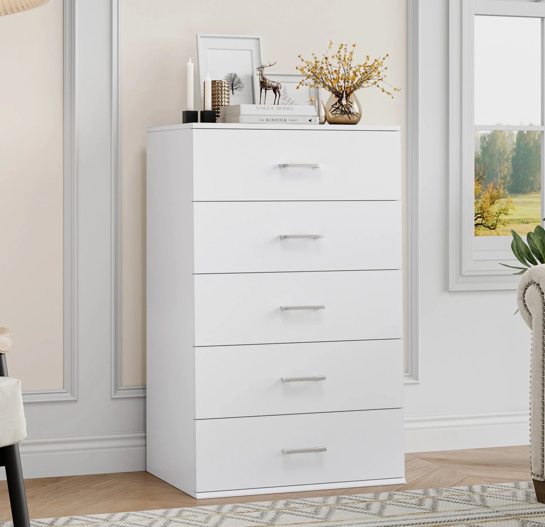 5 Drawers White Dresser, Vertical Dresser with Metal Handles for Bedroom Living Room